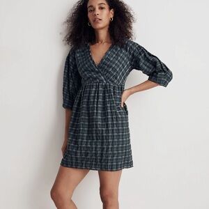 Madewell (XS) Marianna Puff-Sleeve Mini Dress in Green/Black Plaid Cottagecore
